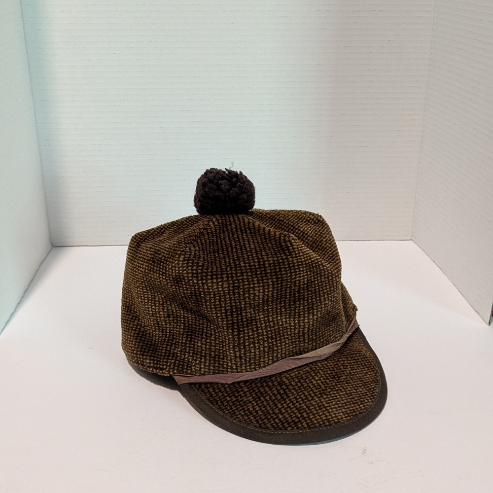 Brown Size Small Tweed Stockman Cap with Pom Pom